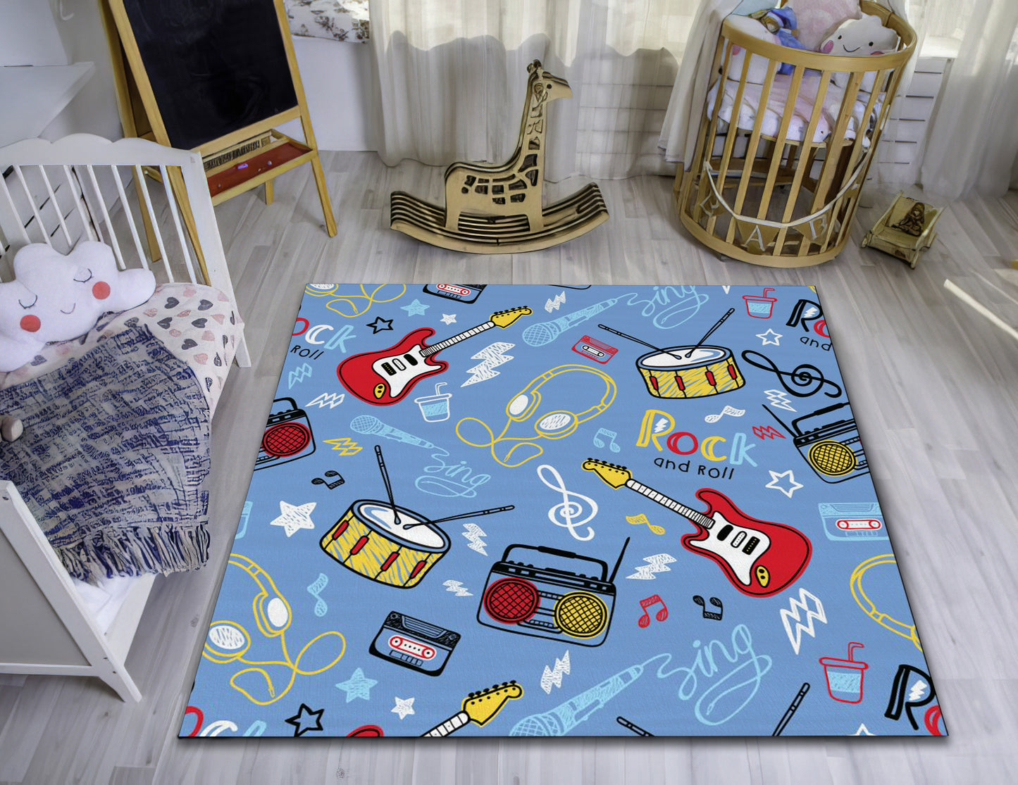 Musical Instruments Pattern Rug, Blue Kids Room Carpet, Baby Play Mat, Baby Gift