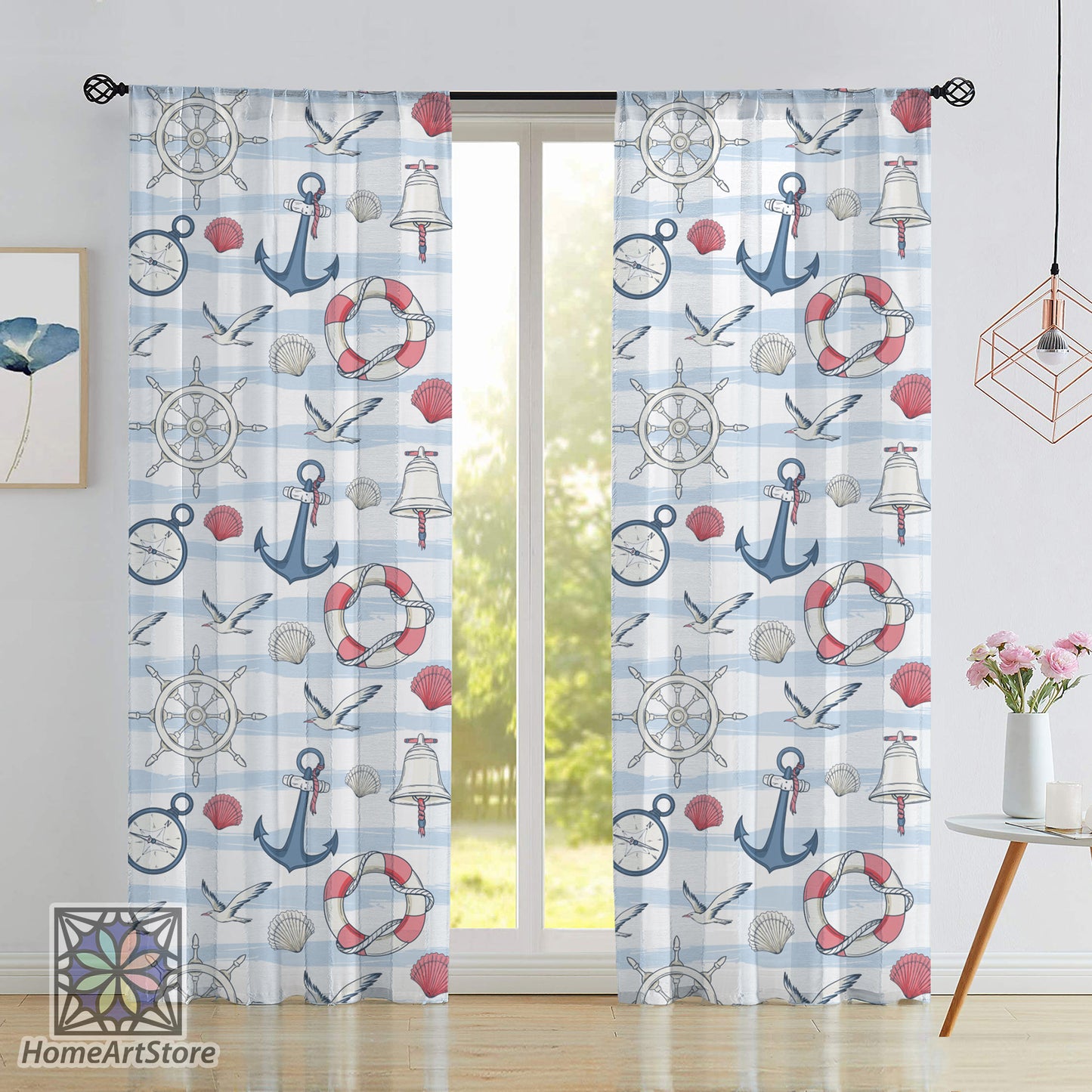 Nautical Themed Curtain, Baby Boys Room Curtain, Seagulls, Lifebuoys, Anchors, Seashells, Nursery Curtain, Ocean Decor, Baby Shower Gift
