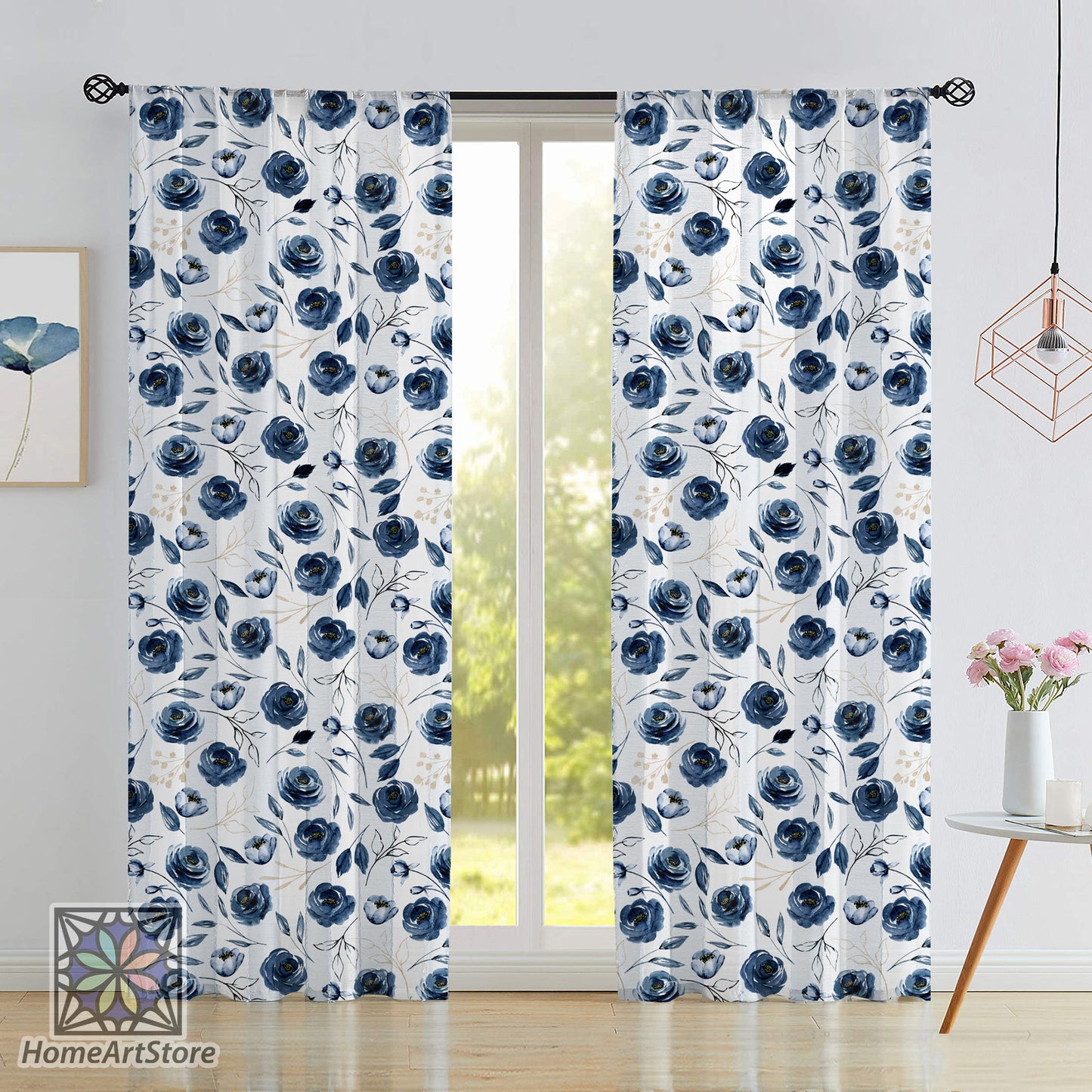 Navy Blue Roses Curtain, Floral Curtain, Flower Living Room Curtain, Kitchen Curtain, Home Decor