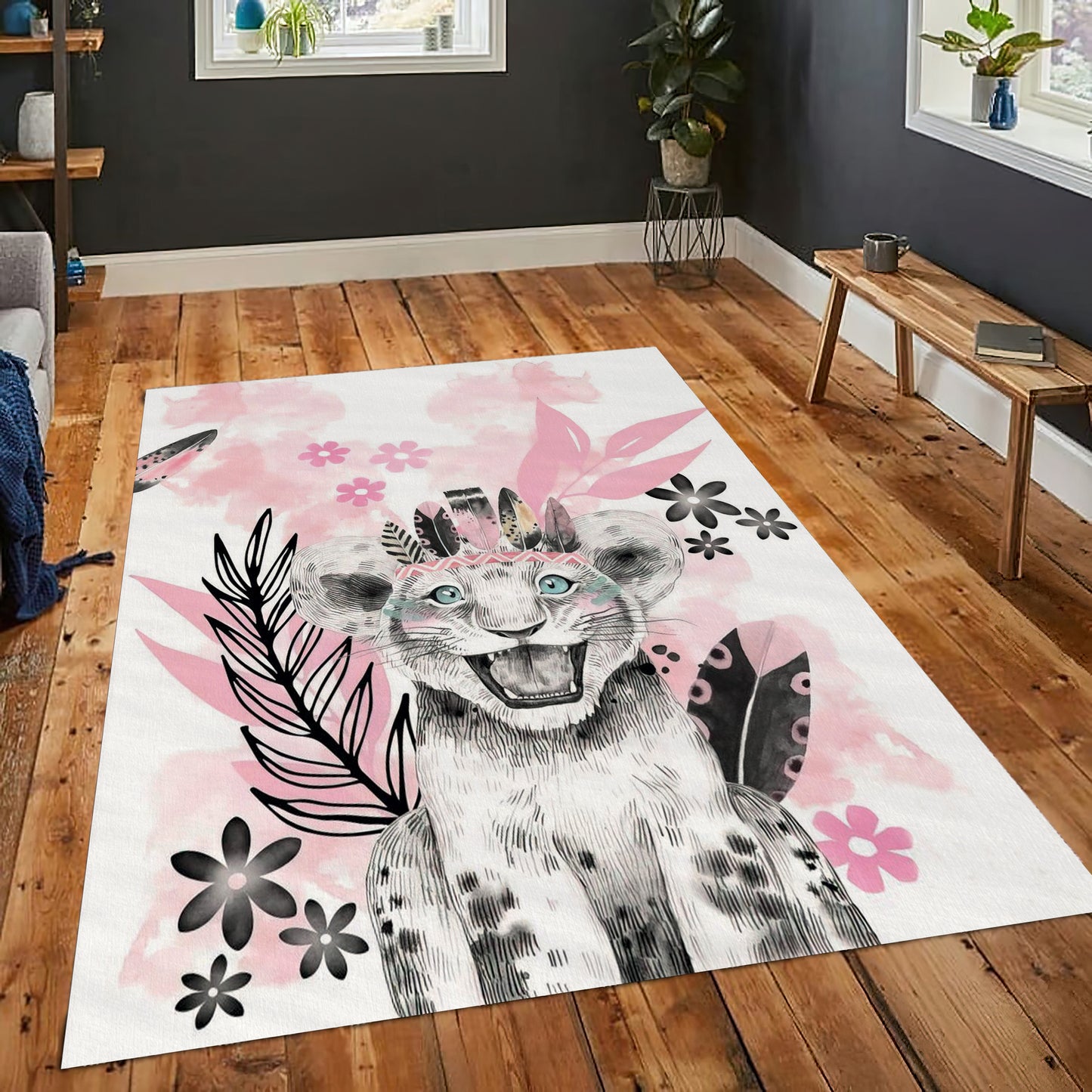 Baby Lion Rug, Cute Nursery Play Mat, Baby Shower Decor, Kids Room Carpet, Floral Rug