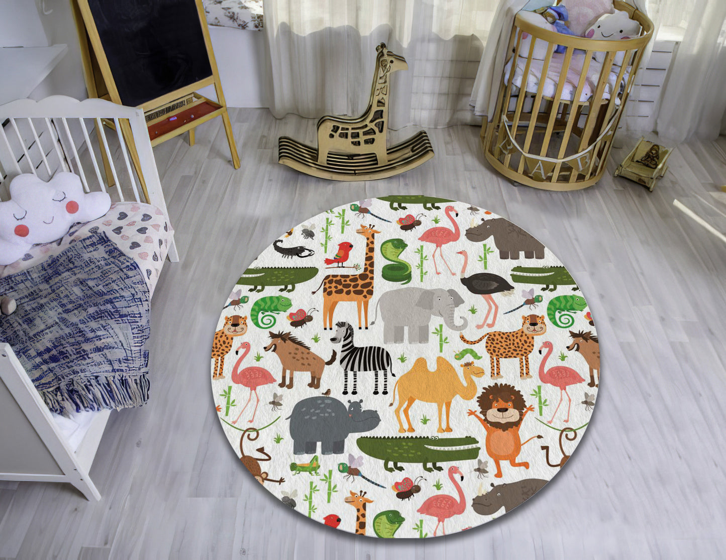 Zoo Animal Pattern Rug, Nursery Play Mat, Children Room Carpet, Cartoon Zoo Animal Rug, Baby Gift