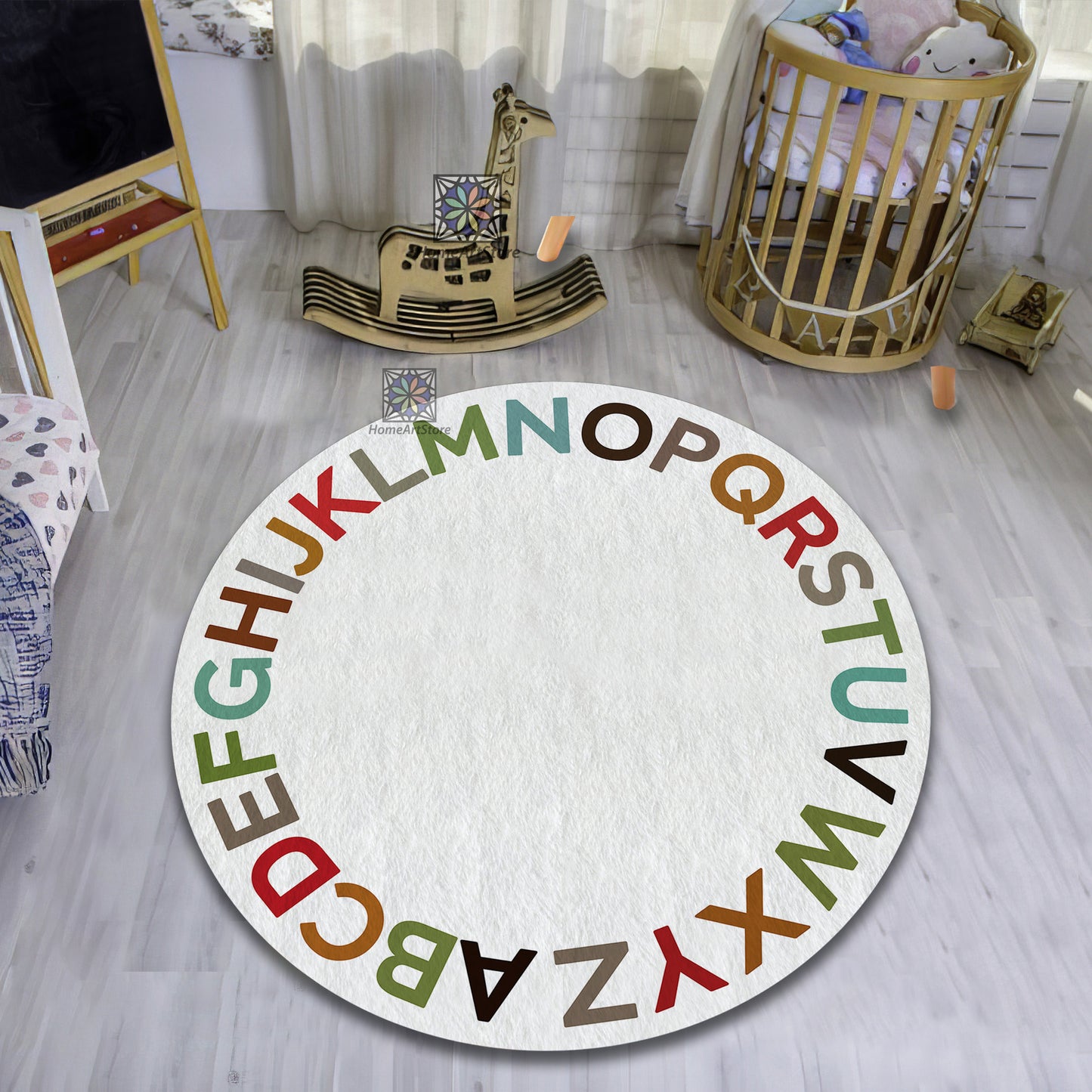 ABC Alphabet Rug, Educational Nursery Decor, Kids Room Round Carpet, Play Mat, Gift for Kids