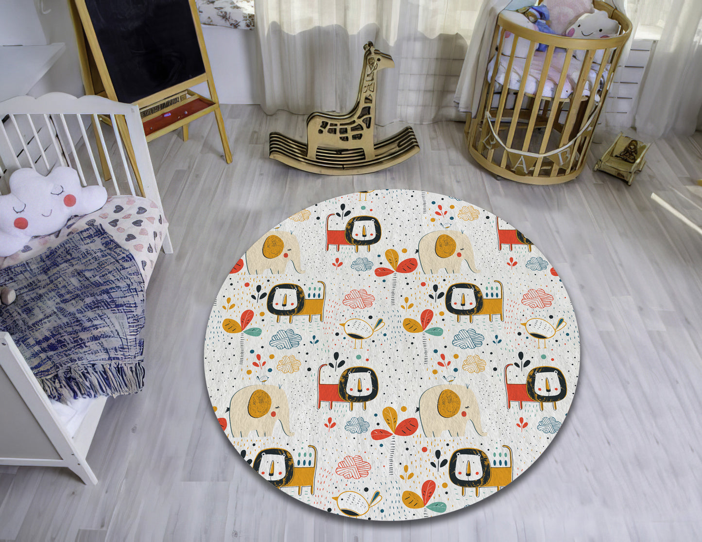 Baby Zoo Animals Rug, Baby Room Carpet, Cute Lion Decor, Nursery Playroom Mat, Baby Gift