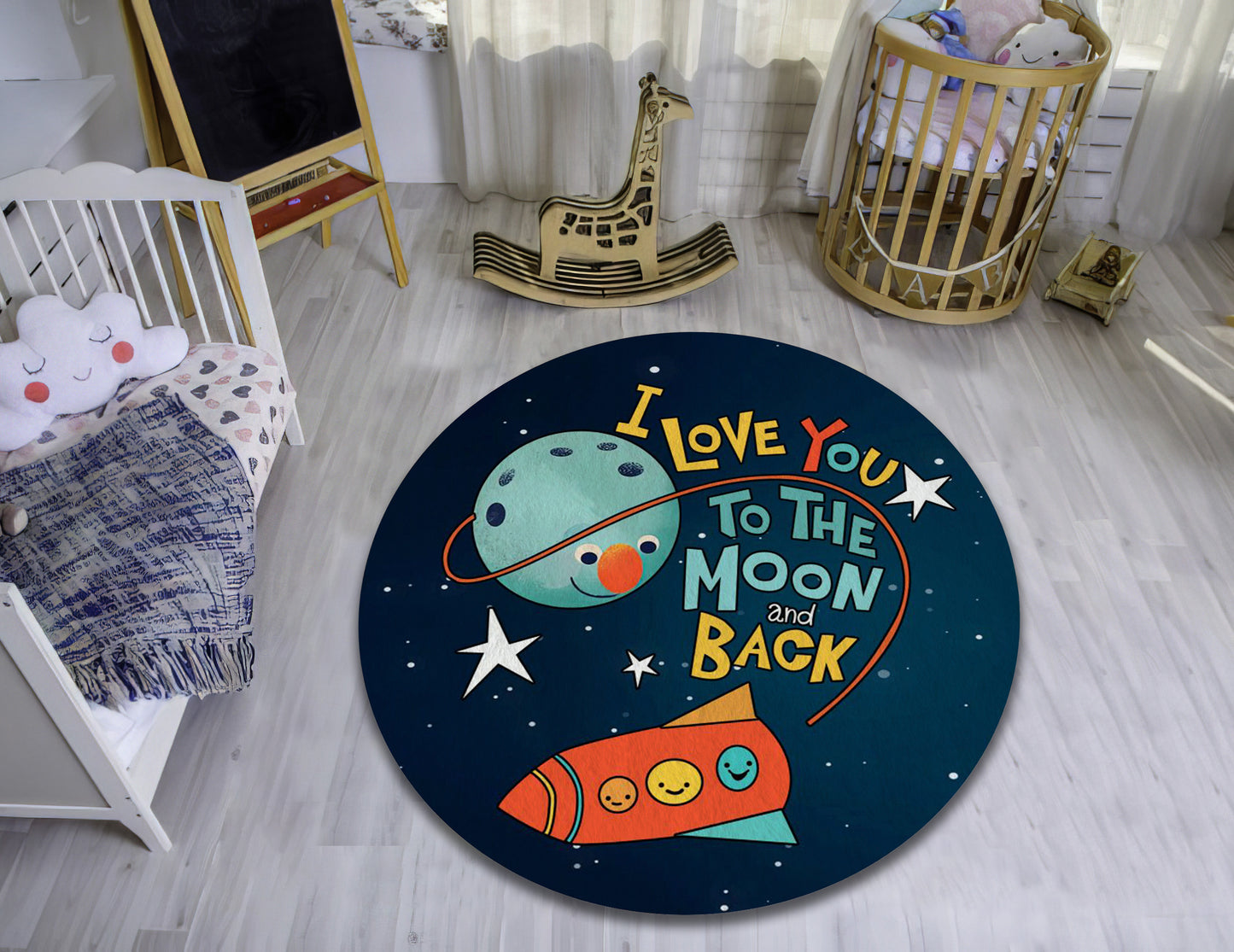Space Room Kids Rug, Moon and Back Themed Mat, Nursery Play Mat, UFO Rug, Baby Gift