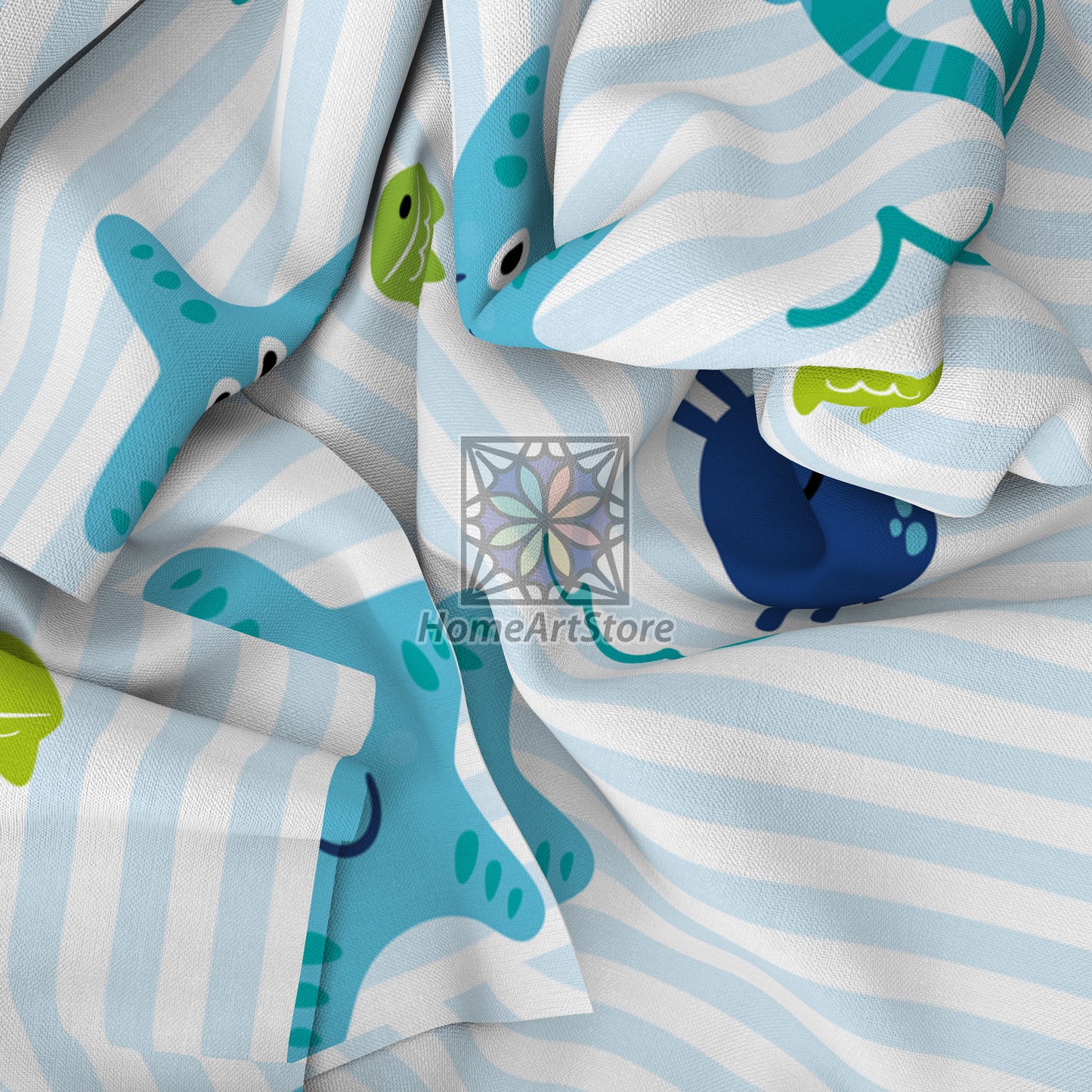Cute Sea Animals Curtain, Blue Baby Curtain, Seahorse, Crab, Starfish Themed Curtain, Baby Boys Room Curtain, Ocean Decor