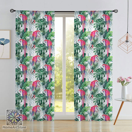 Parrots Pattern Curtain, Tropical Curtain, Exotic Floral Curtain, Summer House Decor, Animal Printed Curtain