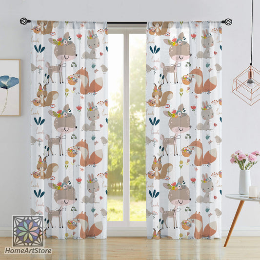 Animal Printed Nursery Curtain, Cute Baby Deer Curtain, Rabbit Curtain, Squirrel Pattern Curtain, Baby Room Decor