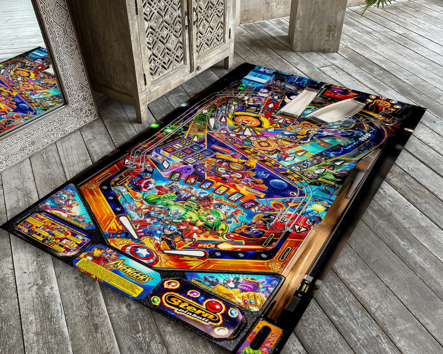 Pinball Game Rug, Tilt Gamer Carpet, Game Room Decor, Play Mat, Avengers Rug, Super Hero Themed Carpet