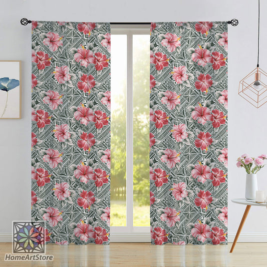 Pink Hibiscus Flower Curtain, Hawaiian Tribal Curtain, Hawaiian Decor, Floral Curtain, Living Room Curtain