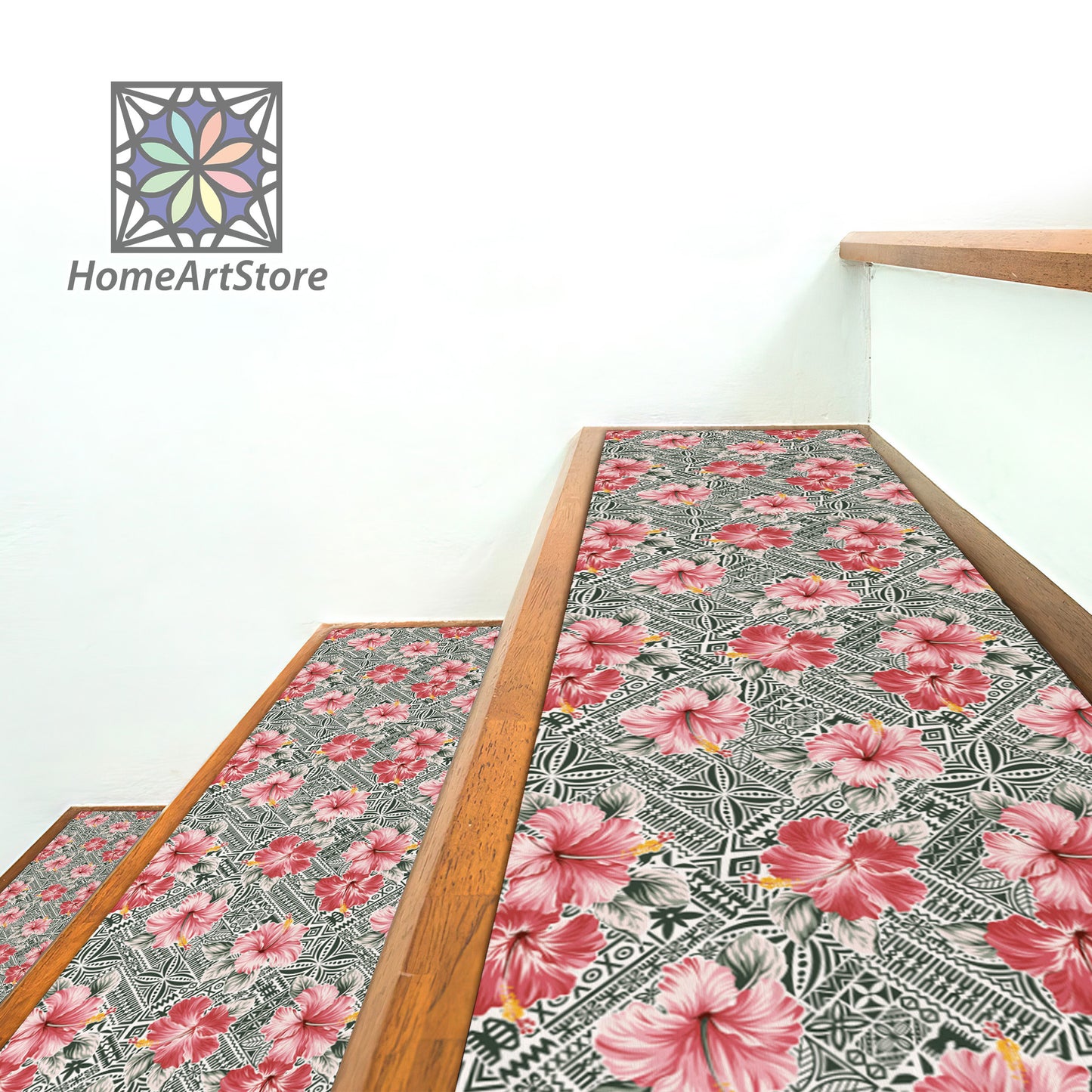 Pink Hibiscus Pattern Stair Rugs, Flower Printed Stair Tread Mats, Hawaiian Stair Step Carpet, Tribal Motif Rug