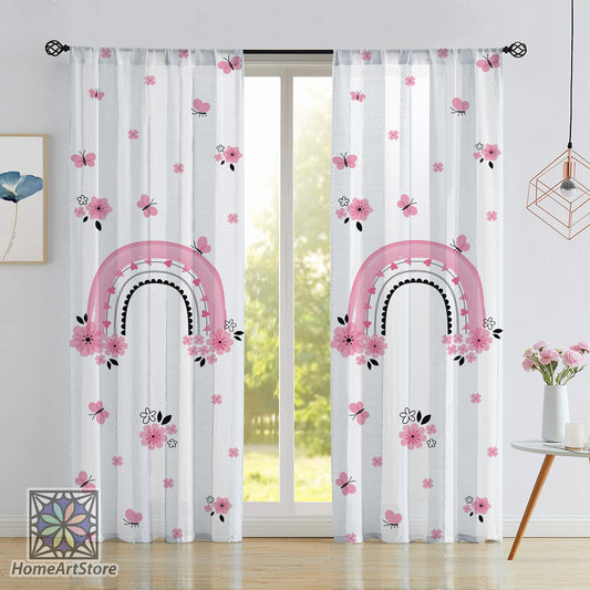 Rainbow Themed Curtain, Pink Color Baby Room Curtain, Flower Curtain, Kids Room Decor, Nursey Curtain, Baby Gift