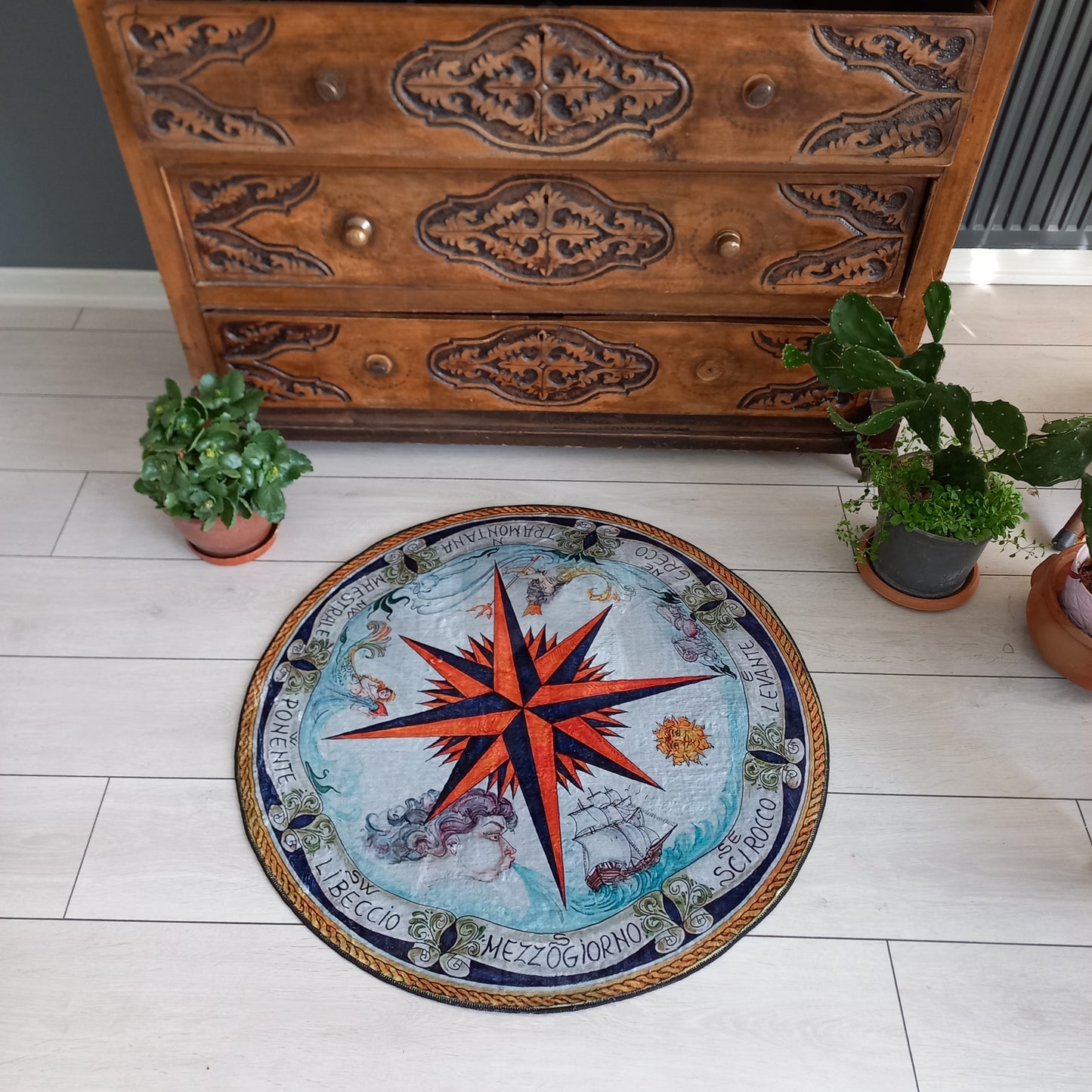 Compass Rose Rug - Yacht Round Carpet for Office Mat- Entrance Decor