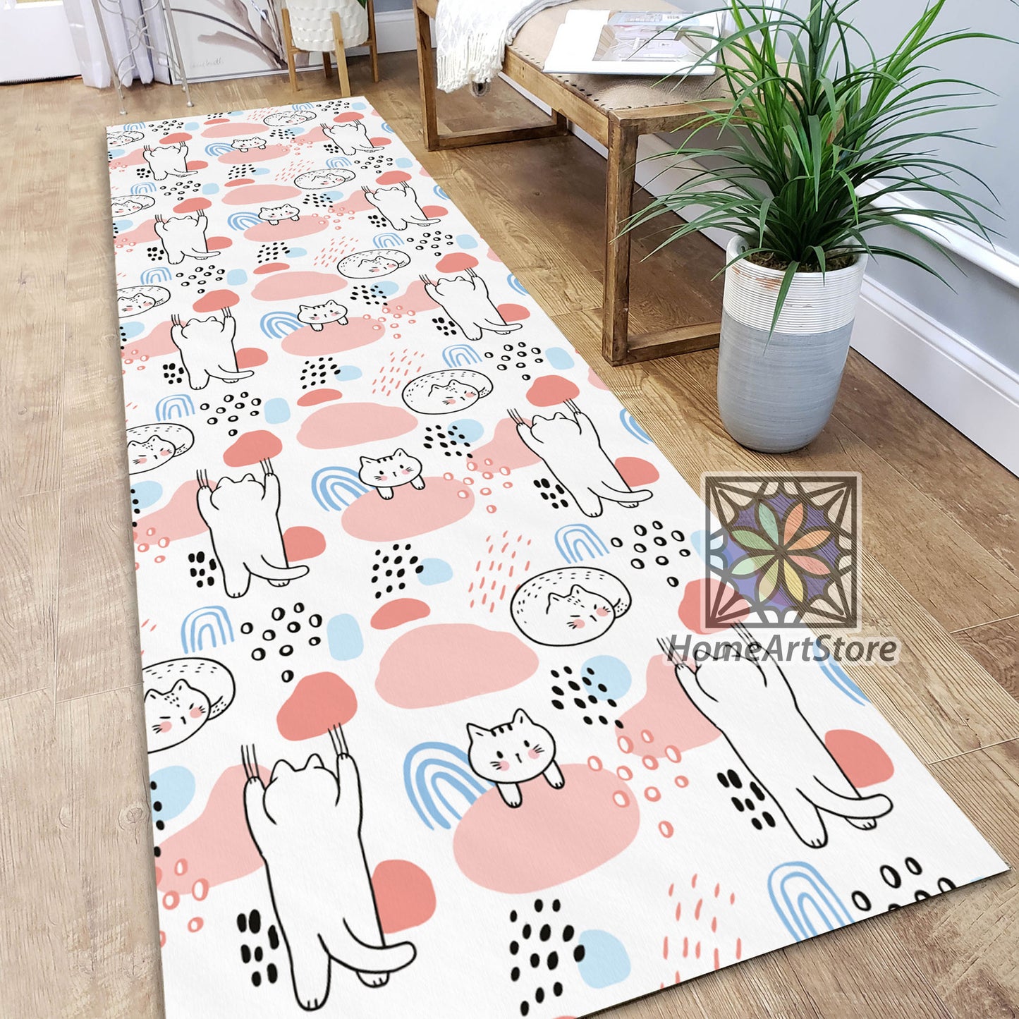 Cartoon Cats Pattern Runner Rug, Cute Cat Kitchen Runner Rug, Hallway Runner Carpet, Corridor Runner Mat
