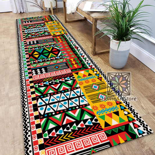 Colorful Aztec Themed Rug, Ethnic Runner Mat, Patchwork Motif Pattern Runner Rug, Tribal Hallway Carpet
