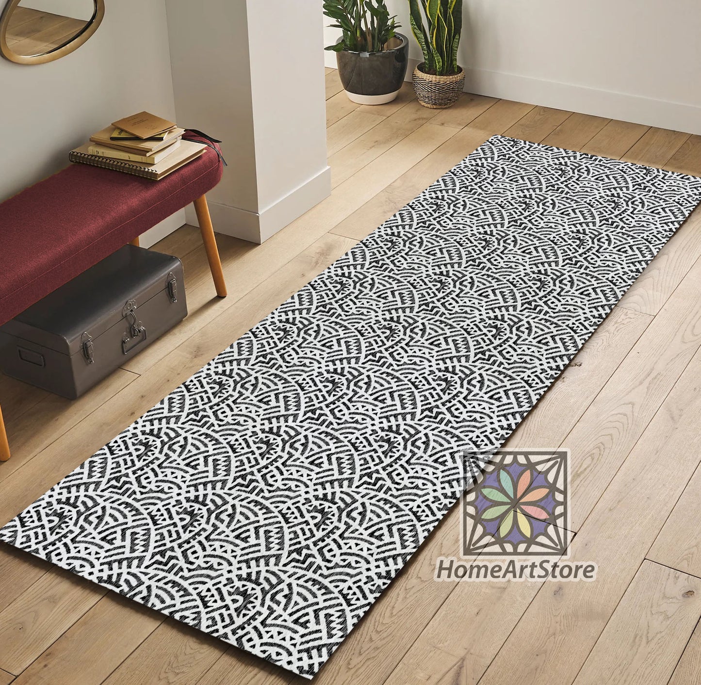 Boho Style Runner Rug, Black and White Bohemian Rug, Geometric Pattern Runner Rug, Kitchen Runner Mat, Line Art Carpet