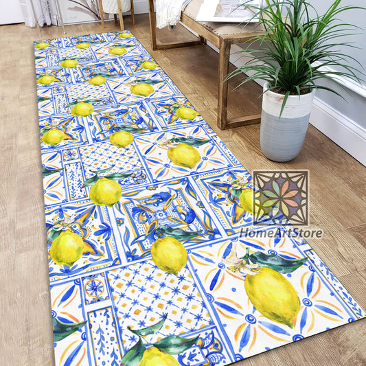 Lemon Ornament Runner Rug, Kitchen Runner Rug, Watercolor Themed Carpet, Ceramic Pattern Runner Mat