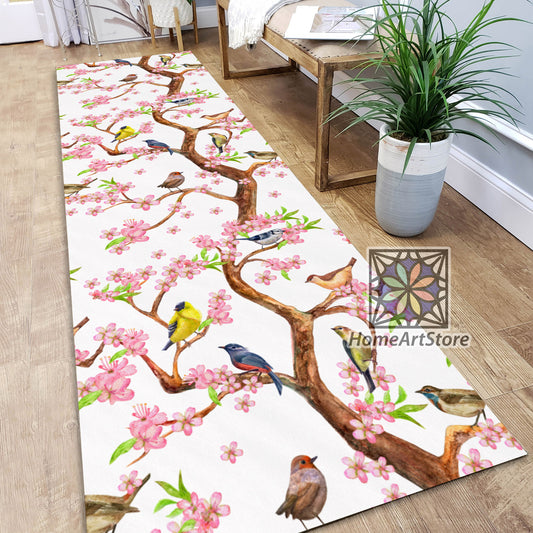 Pink Flower Blossoms Pattern Rug, Colorful Bird Carpet, Boho Style Runner Rug, Hallway Runner Rug,