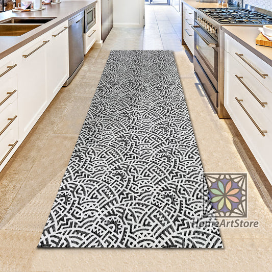 Boho Style Runner Rug, Black and White Bohemian Rug, Geometric Pattern Runner Rug, Kitchen Runner Mat, Line Art Carpet