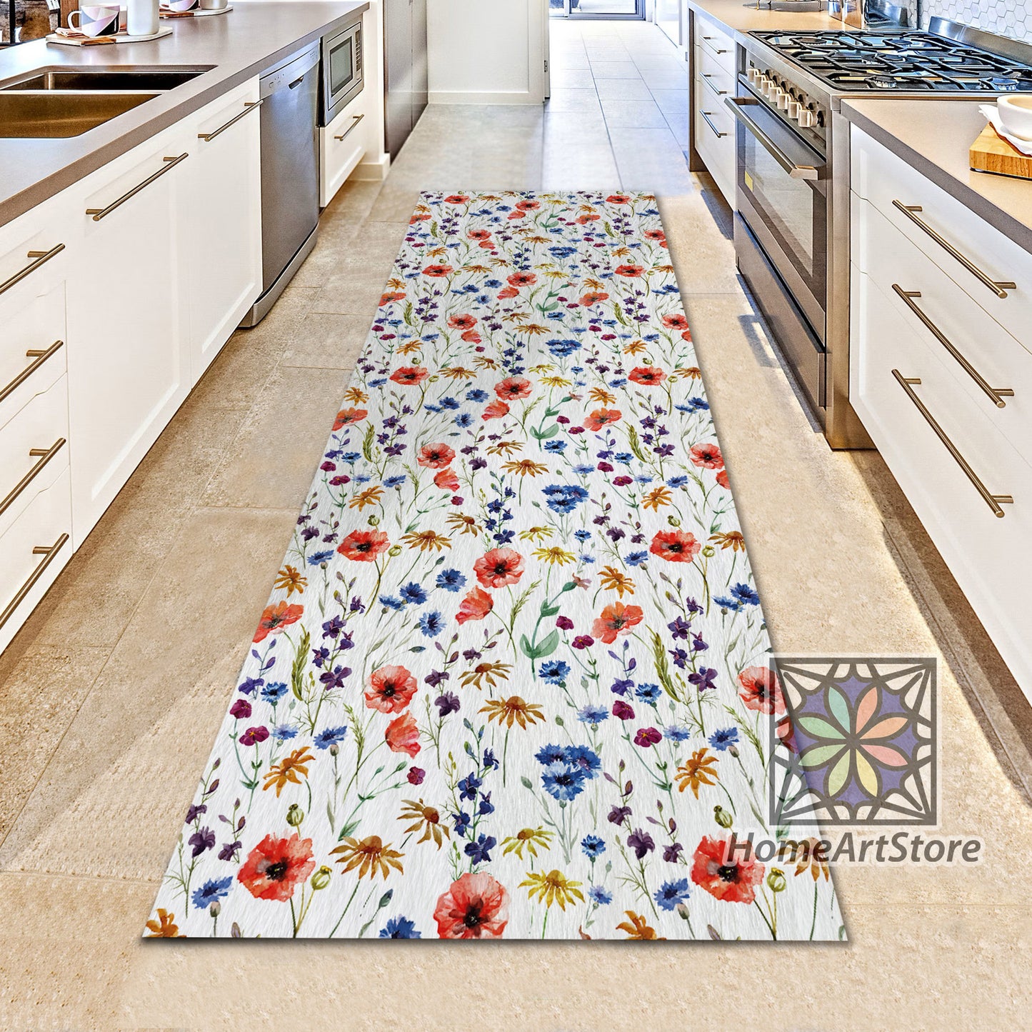 Wildflowers Pattern Runner Rug, Kitchen Runner Mat, Flowers Carpet, Floral Runner Rug, Boho Decor