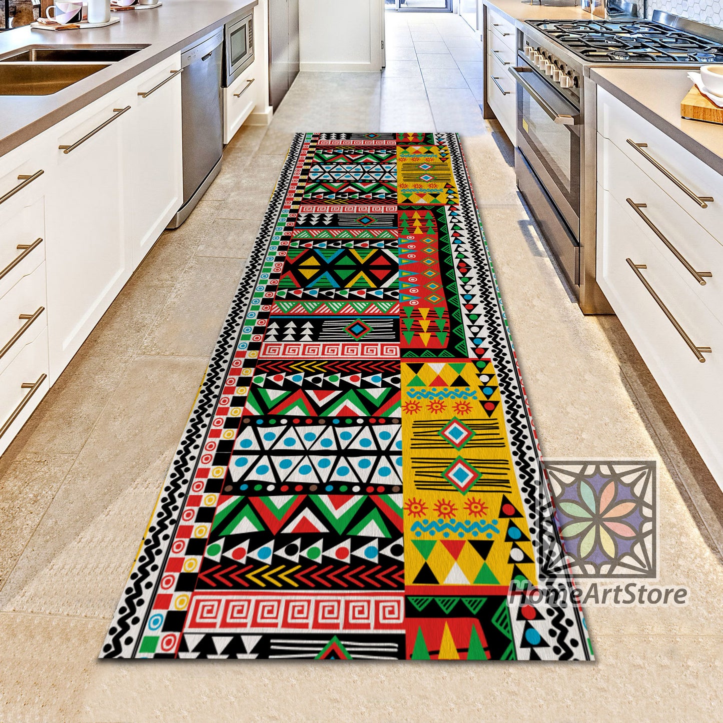 Colorful Aztec Themed Rug, Ethnic Runner Mat, Patchwork Motif Pattern Runner Rug, Tribal Hallway Carpet
