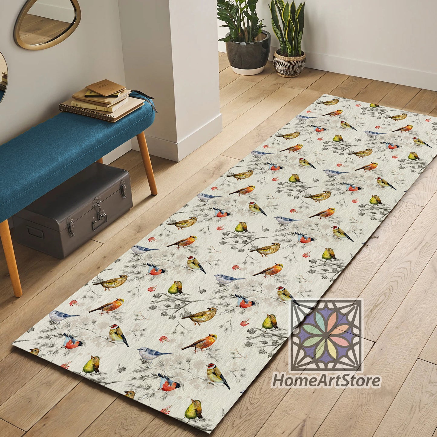 Birds Pattern Runner Rug, Hallway Runner Mat, Decorative Kitchen Runner Carpet, Bird Decor, Boho Home Decor