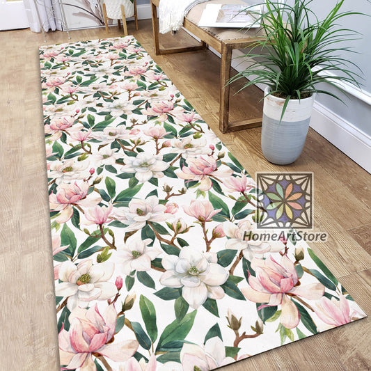 White and Pink Magnolia Flower Pattern Rug, Floral Runner Rug, Botanical Carpet, Hallway Runner Mat
