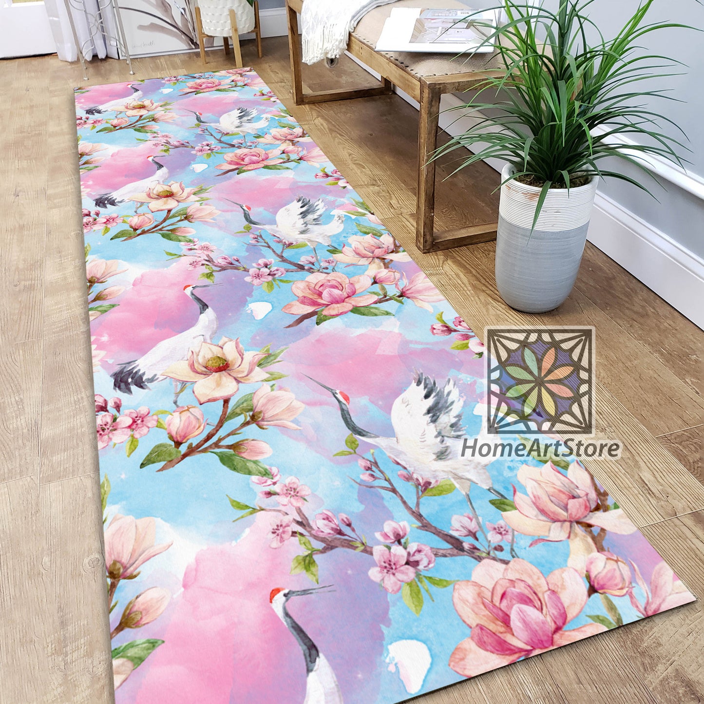 Stork Bird Pattern Rug, Bedside Carpet, Pink Color Runner Rug, Boho Kitchen Carpet, Tropical Floral Decor