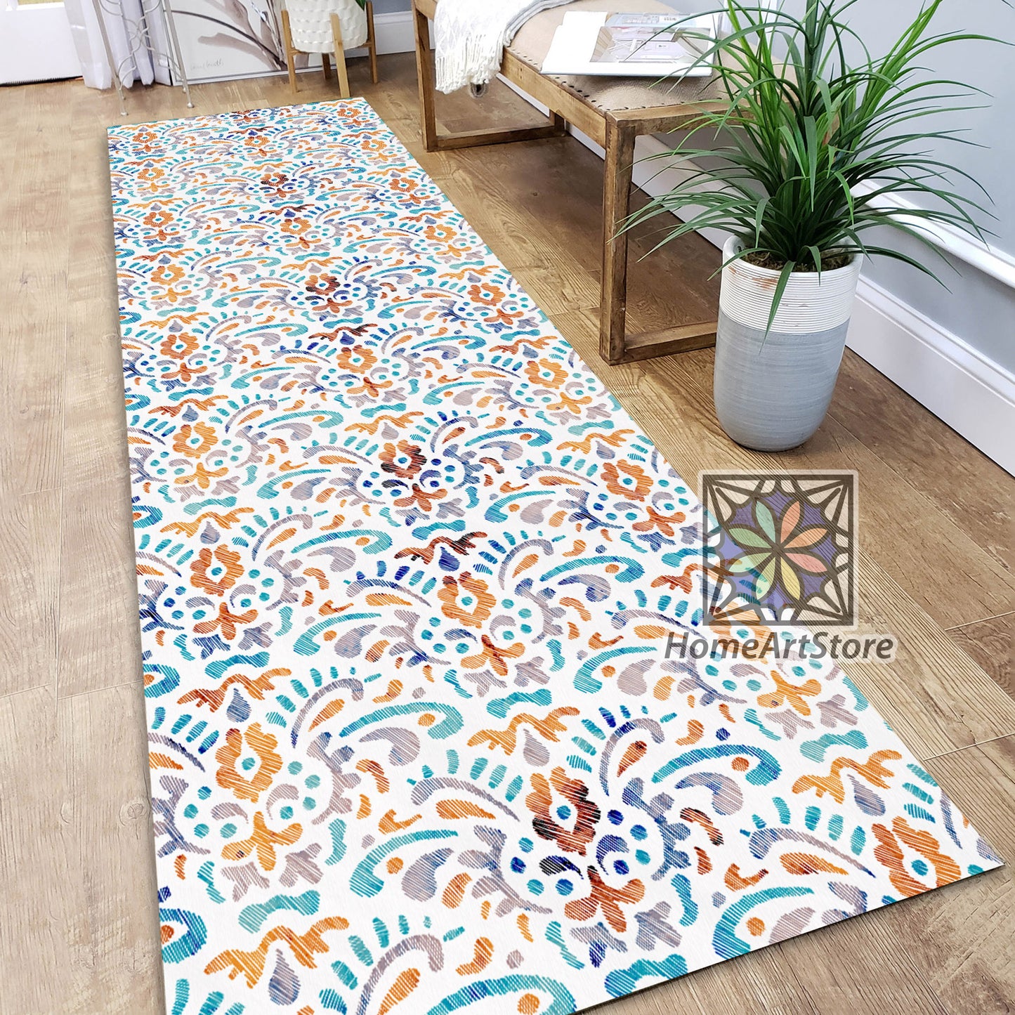 Embroidered Bohemian Rug, Boho Runner Rug, Hallway Runner Mat, Motif Carpet