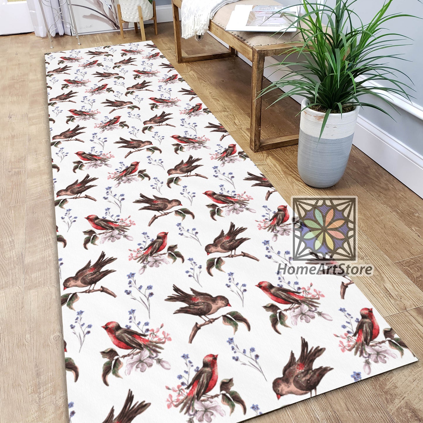 Retro Style Floral Runner Rug, Bird Pattern Carpet, Entryway Runner Mat, Modern Home Decor