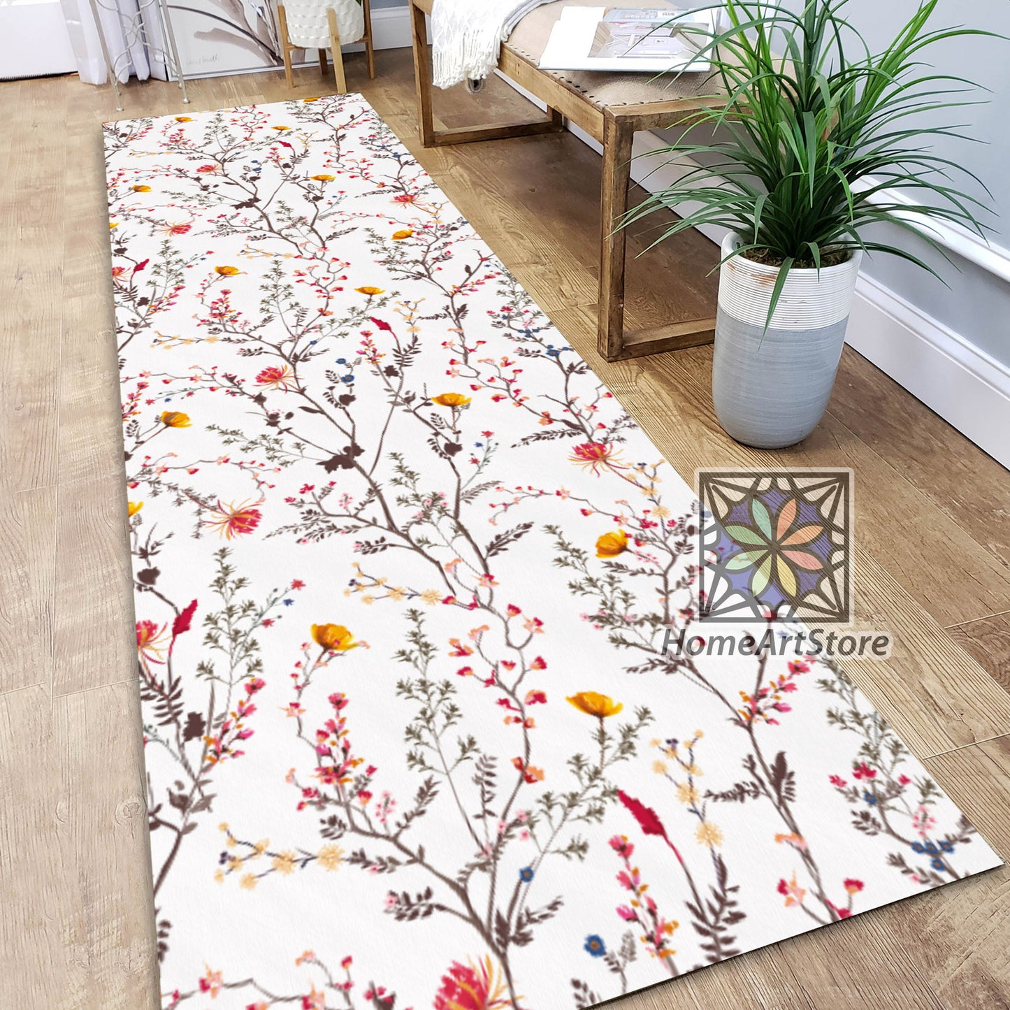 Flowers Blooming Pattern Runner Rug, Botanical Themed Runner Rug, Entryway Carpet, Floral Rug, Hallway Runner Rug