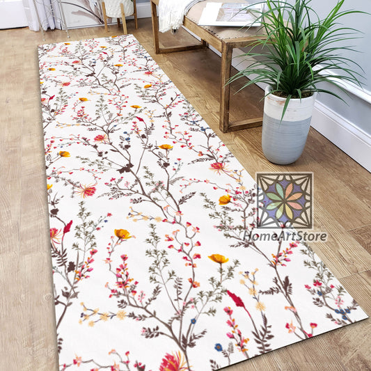 Flowers Blooming Pattern Runner Rug, Botanical Themed Runner Rug, Entryway Carpet, Floral Rug, Hallway Runner Rug