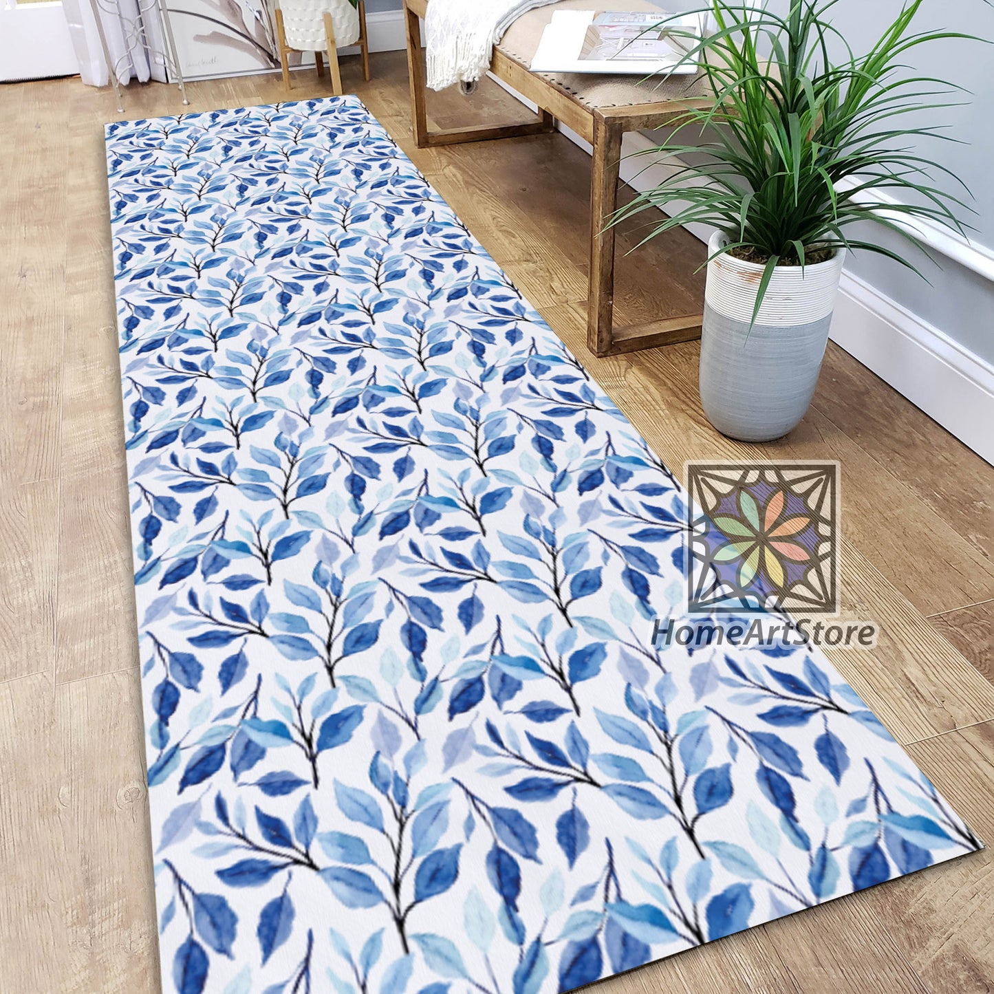 Blue Leaves Pattern Rug, Watercolor Floral Runner Rug, Kitchen Boho Style Carpet, Hallway Runner, Mat
