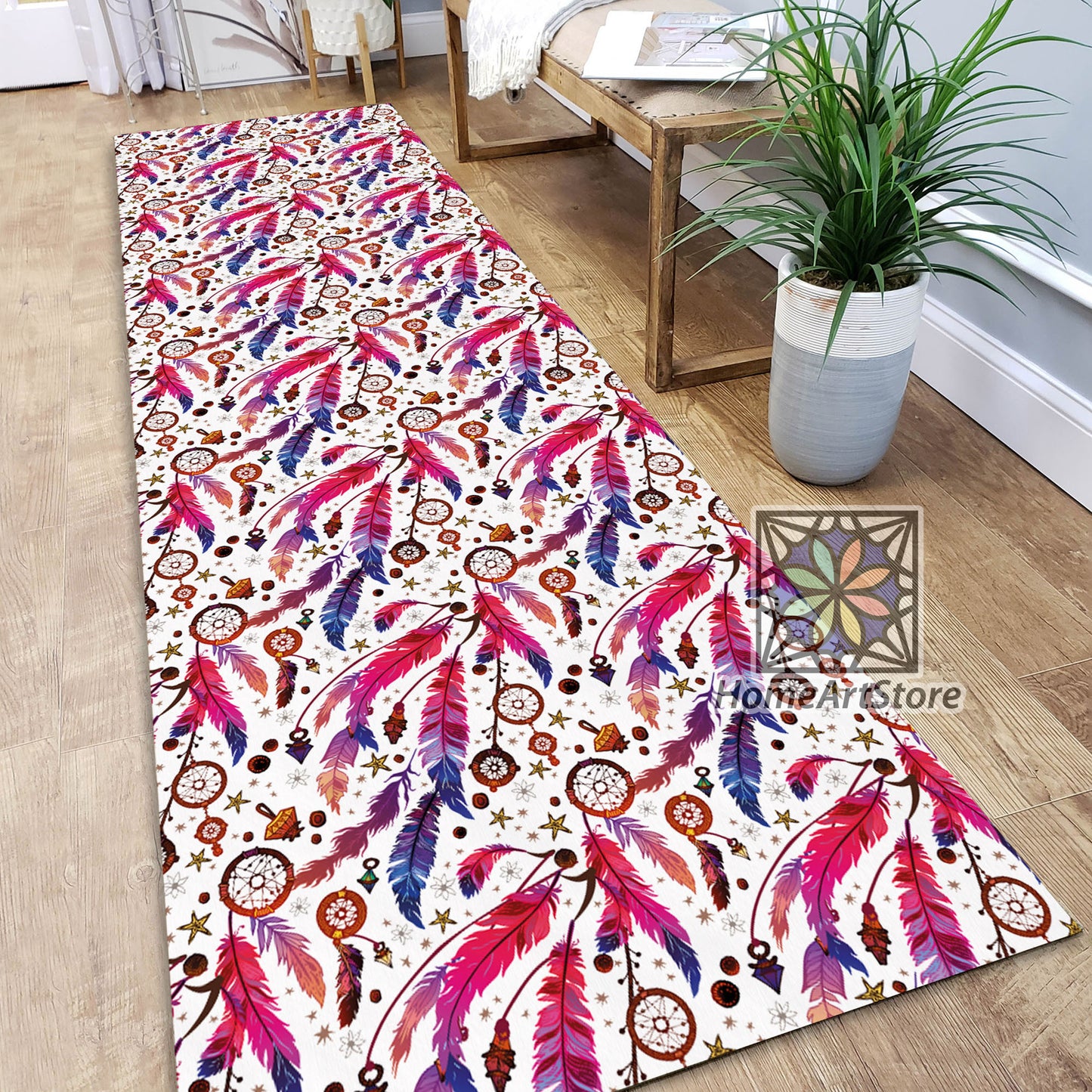 Dream Catcher Pattern Rug, Boho Style Kitchen Runner Rug, Colorful Ethnic Feather Hallway Runner Mat