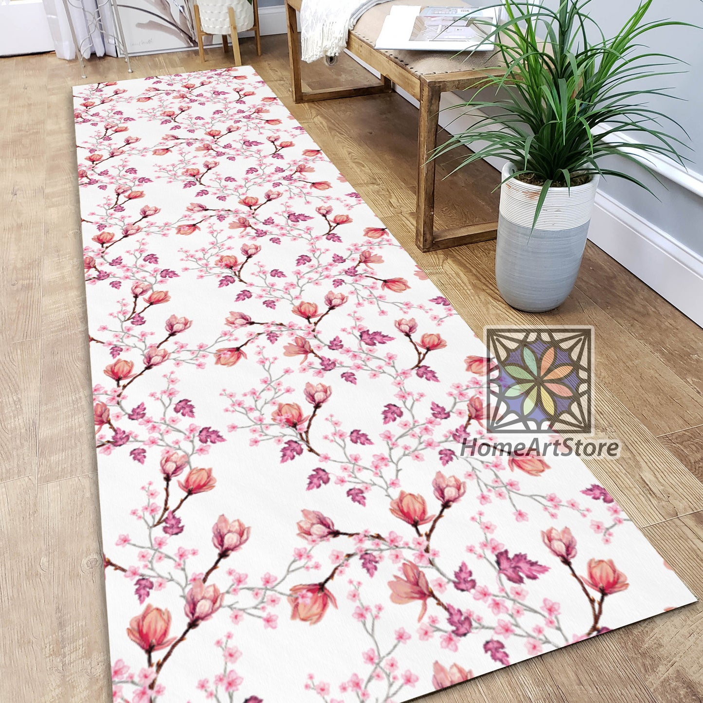 Japanese Flower Pink Rug, Magnolias Pattern Runner Carpet, Floral Wedding Runner Rug, Boho Mat, Bohemian Decor