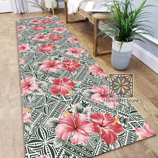 Pink Hibiscus Flower Pattern Rug, Hawaiian Decor, Tribal Motif Carpet, Floral Rug, Geometric Carpet