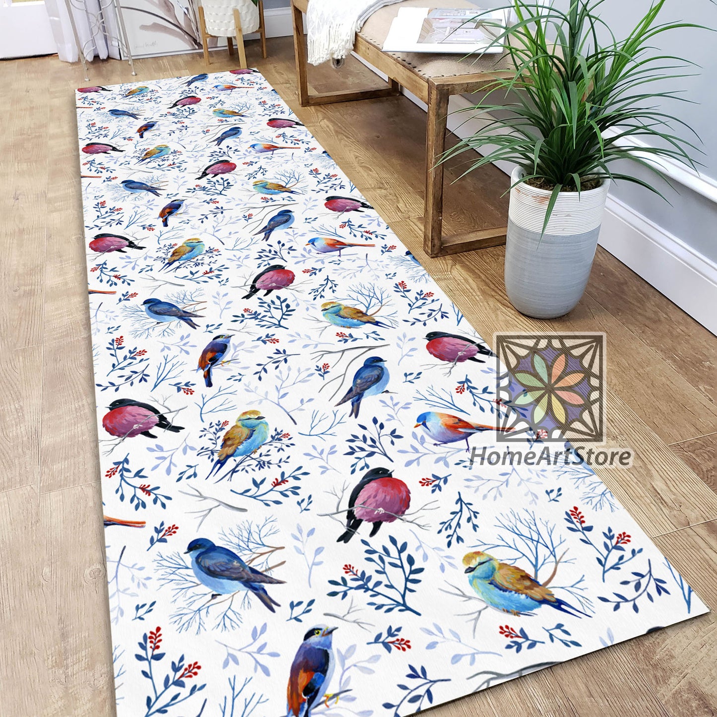 Birds and Leaves Pattern Runner Rug, Kitchen Runner Mat, Animal Hallway Runner Rug, Gift for Her