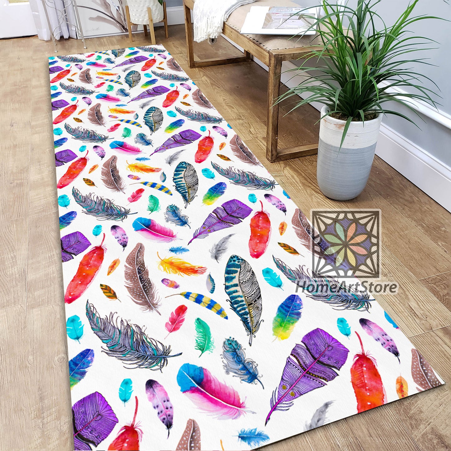 Colorful Feathers Runner Rug, Corridor Runner Rug, Cool Kitchen Carpet, Hallway Runner Mat
