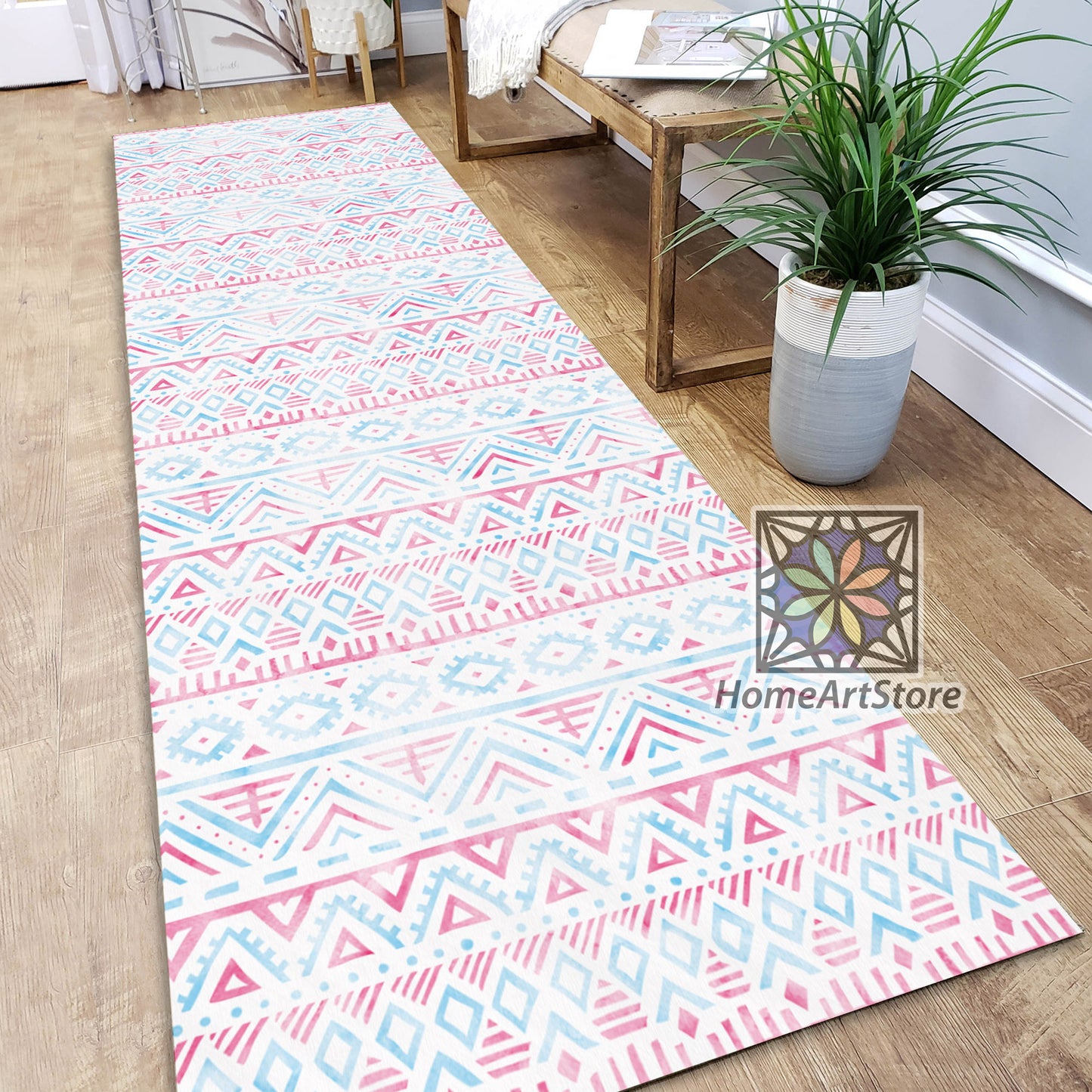 Geometric Runner Rug, Bohemian Decor, Ethnic Kitchen Runner Carpet, Tribal Runner Mat, Pastel Color Boho Style Rug