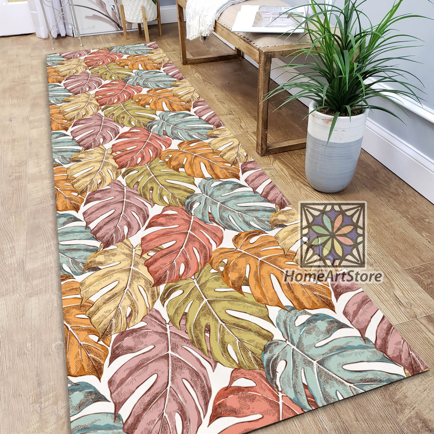 Monstera Leaves Pattern Rug, Botanic Kitchen Runner Rug, Tropical Home Decor, Hawaiian Carpet