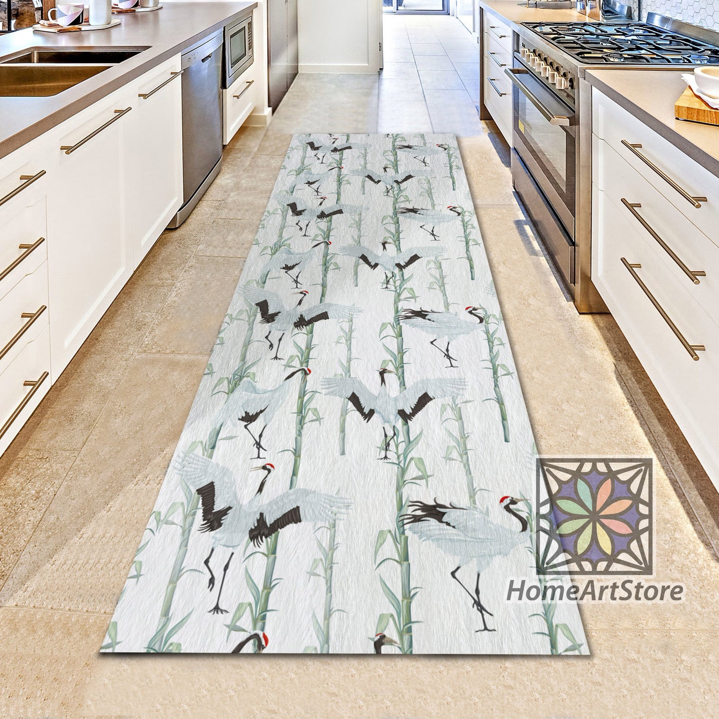Crane Bird Pattern Runner Rug, Bamboo Pattern Kitchen Runner Rug, Animal Printed Decor