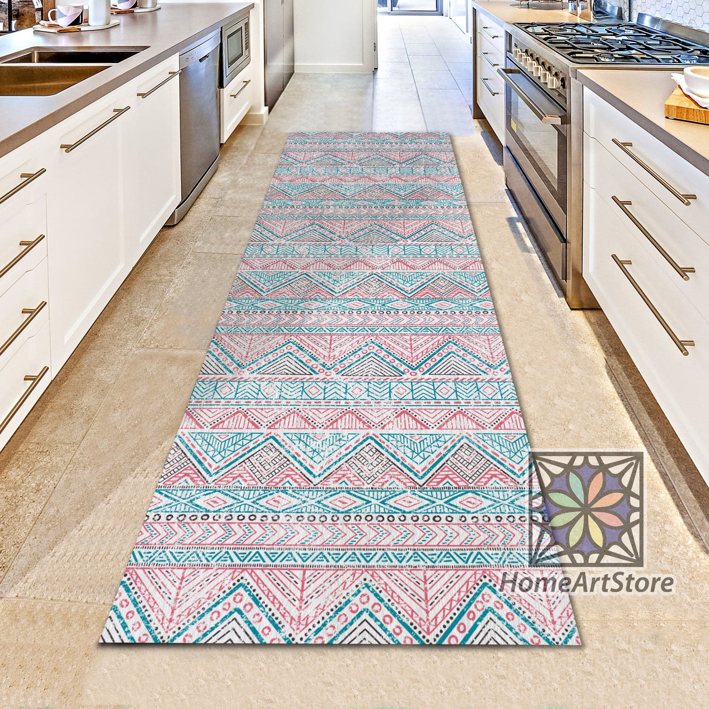 Ethnic Runner Rug, Boho Style Rug, Geometric Kitchen Carpet, Tribal Runner Mat, Tribal Decor
