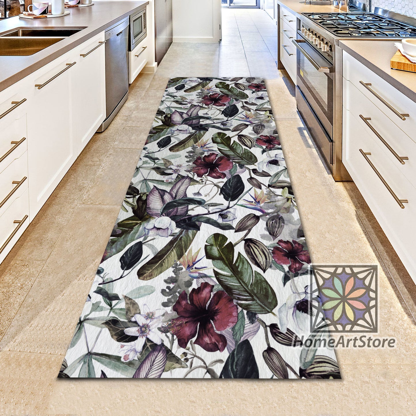 Magnolia Themed Runner Rug, Tropical Themed Kitchen Carpet, Boho Home Decor, Hawaii Hallway Runner Rug