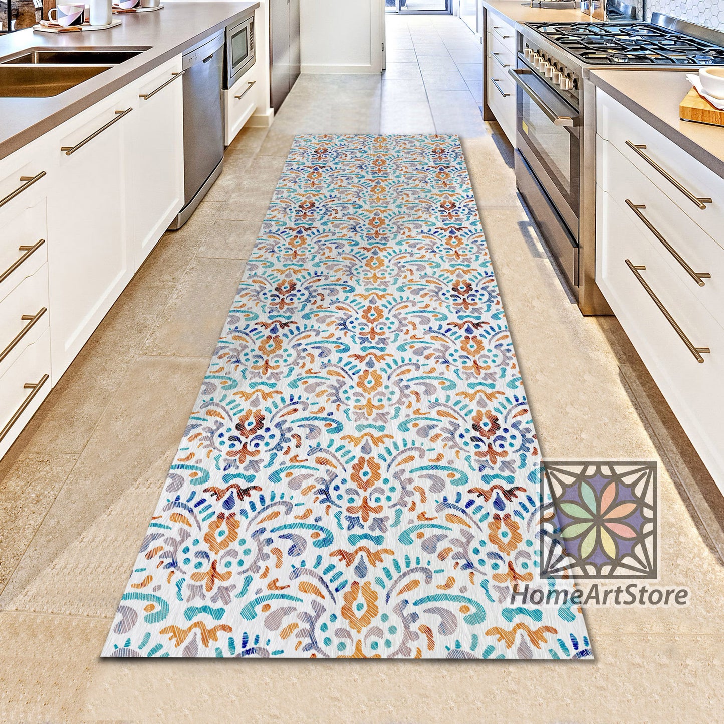 Embroidered Bohemian Rug, Boho Runner Rug, Hallway Runner Mat, Motif Carpet