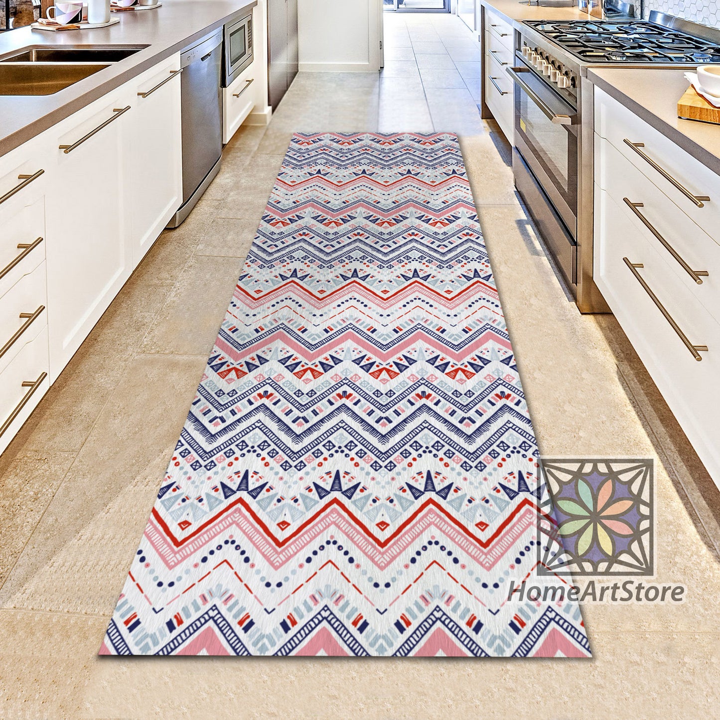Zigzag Pattern Runner Rug, Boho Style Decor, Ethnic Carpet, Tribal Aztec Runner Rug, Geometric Mat
