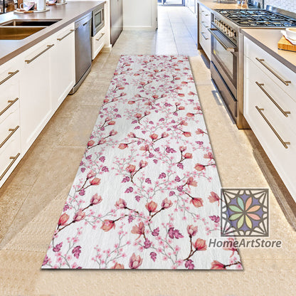 Japanese Flower Pink Rug, Magnolias Pattern Runner Carpet, Floral Wedding Runner Rug, Boho Mat, Bohemian Decor