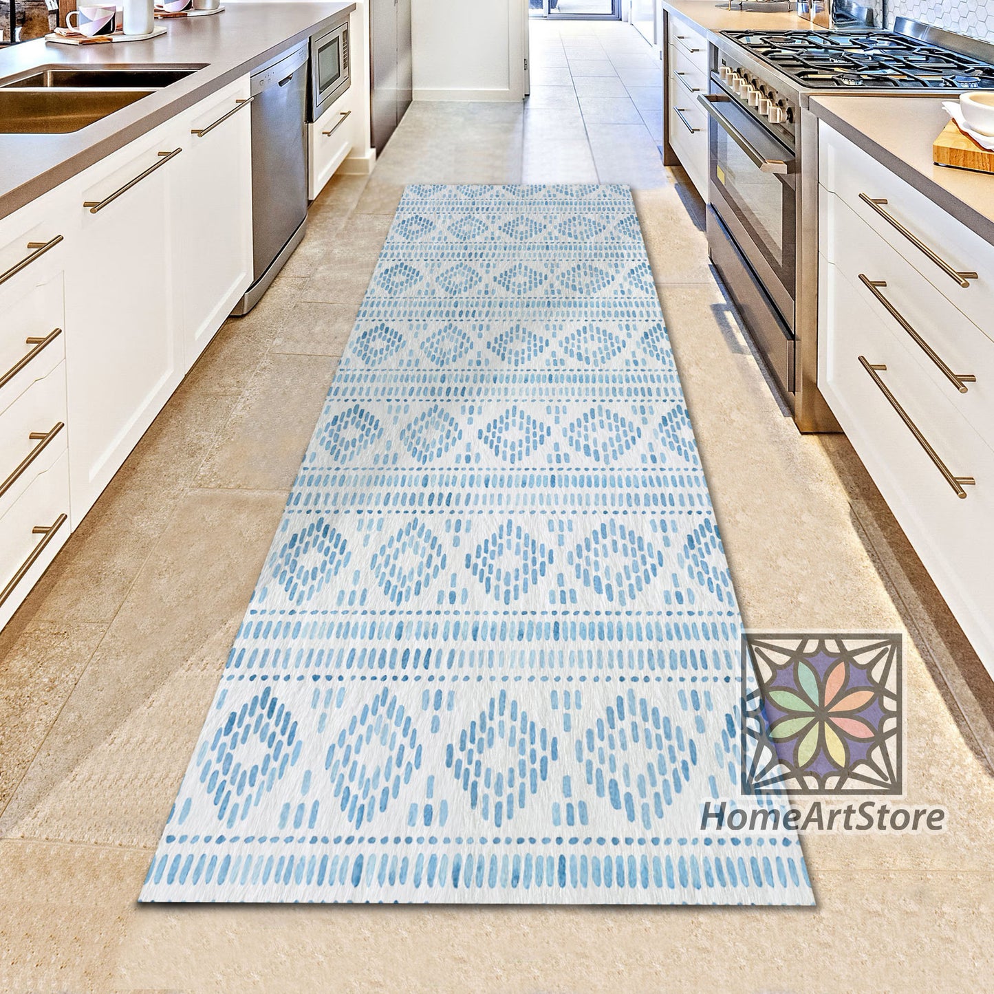 Blue Geometric Runner Rug, Boho Style Runner Rug, Kitchen Runner Carpet, Tribal Hallway Runner Mat