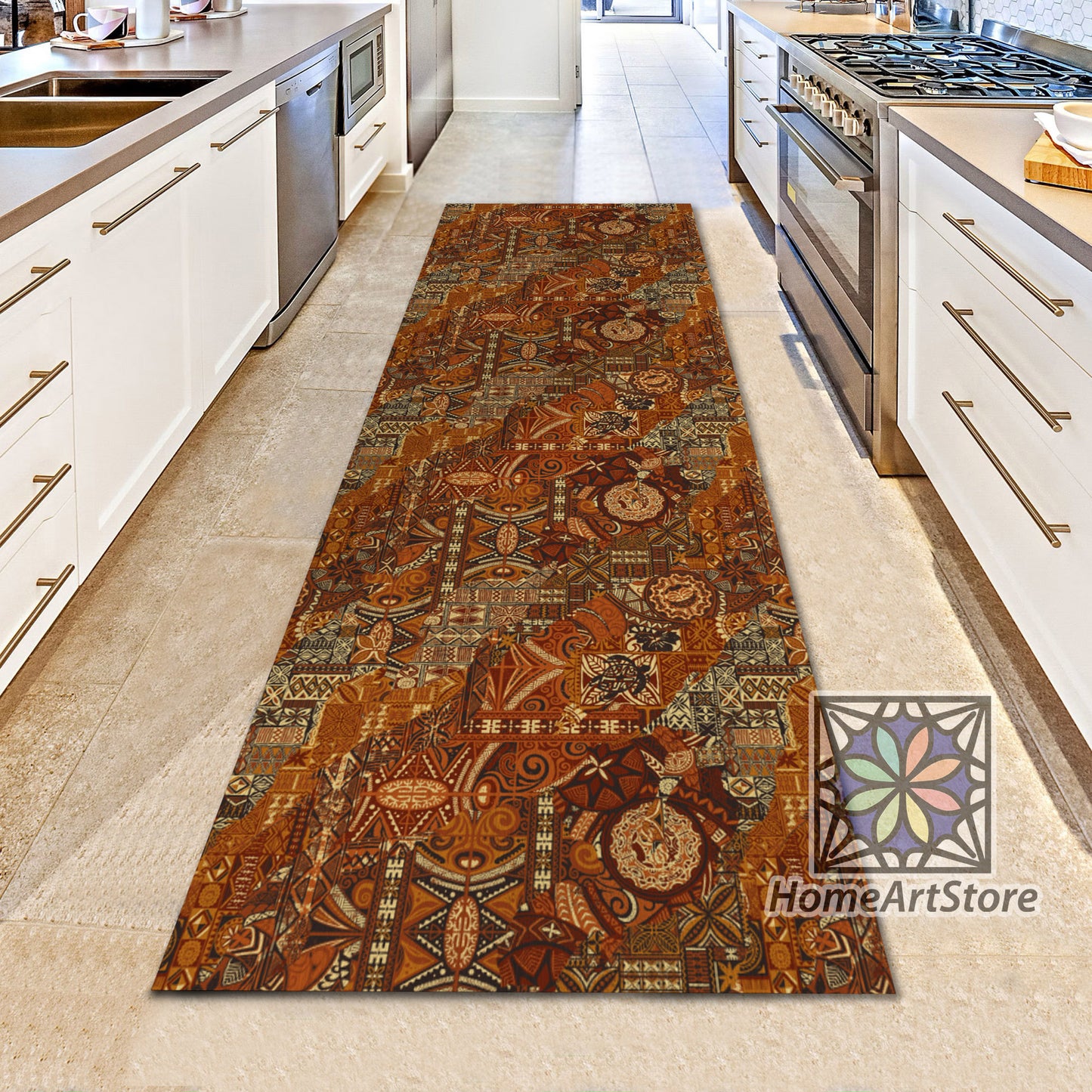 Tapa Patchwork Themed Rug, Hawaiian Style Runner Rug, Ethnic Carpet, Tribal Motif Decor, Corridor Runner Mat