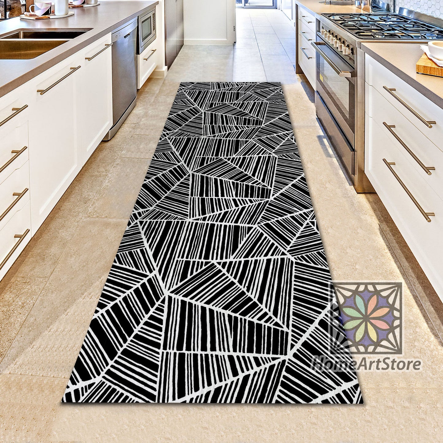 Black and White Striped Runner Rug, Geometric Kitchen Carpet, Hallway runner Mat, Modern Home Decor