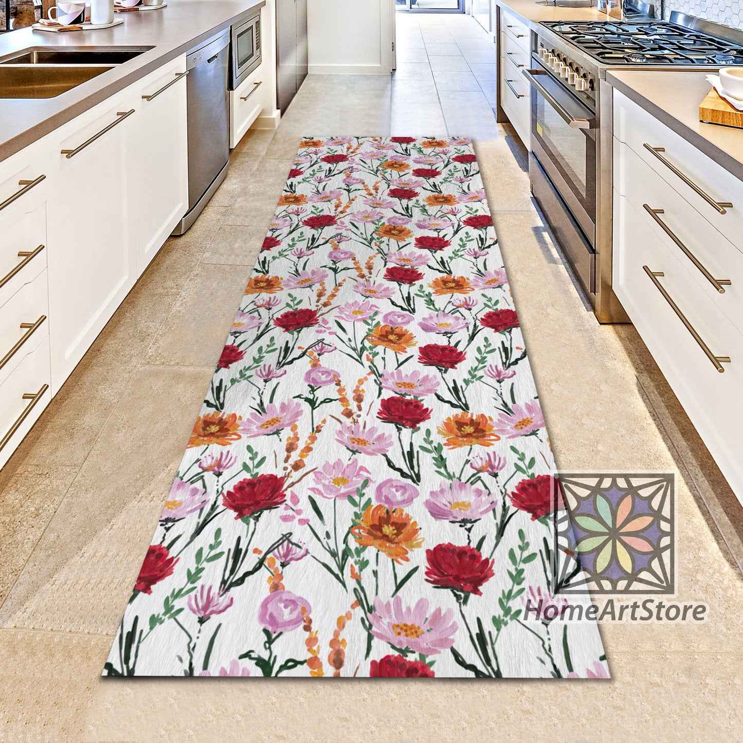 Colorful Flowers Runner Rug, Floral Blooming Pattern Runner Carpet, Boho Runner Rug, Botanic Decor