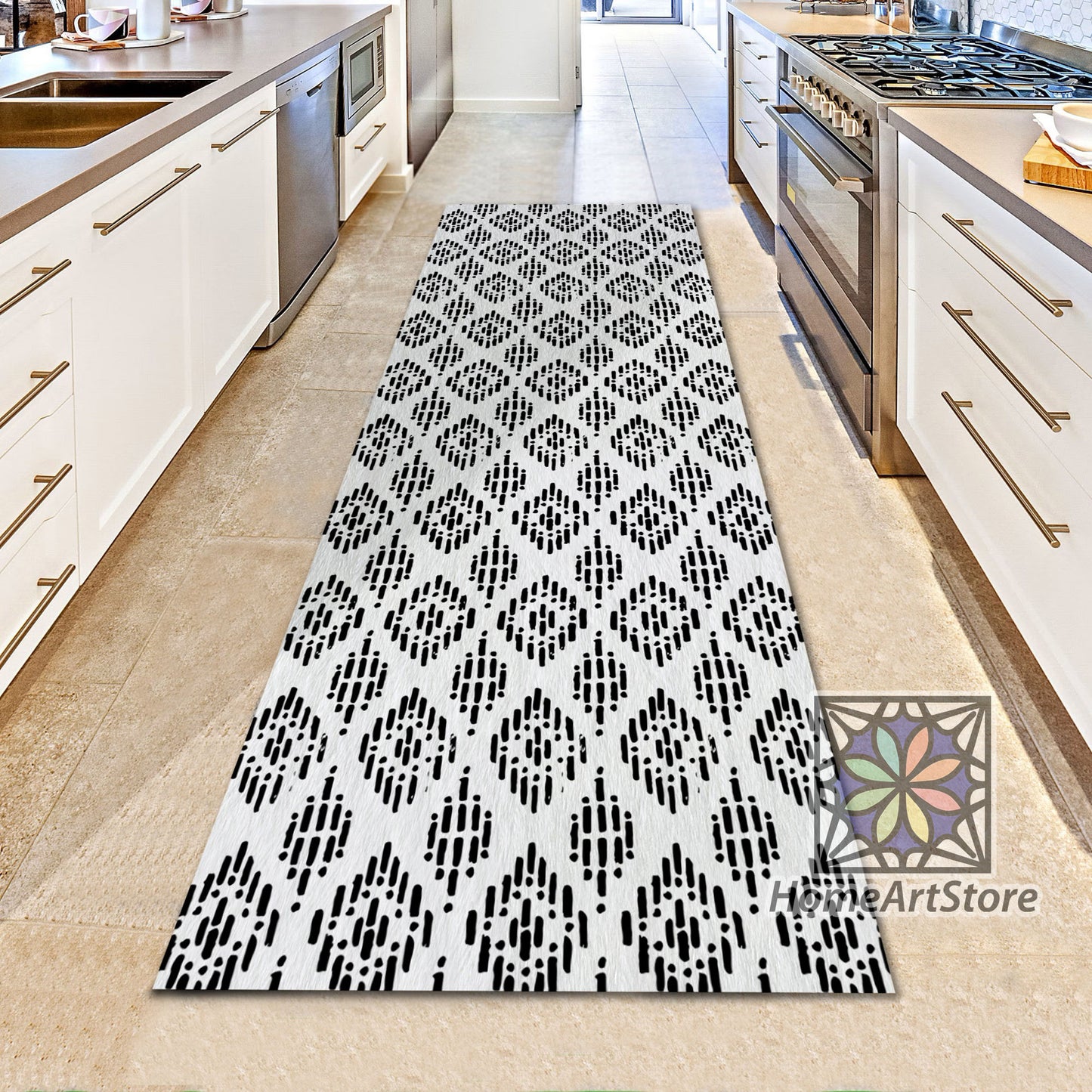 Black and White Boho Runner Rug, Ethnic Kitchen Runner Carpet, Diamond Pattern Hallway Runner Mat, Geometric Decor